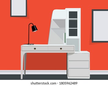 Graphics designer desk with laptop vector illustration. Beautiful office work space furniture poster on wall mock-up vector.