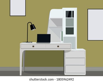 Graphics designer desk with laptop vector illustration. Beautiful office work space furniture poster on wall mock-up vector.