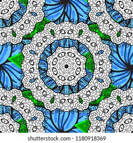 Graphics detailed, with lots of objects white, black and blue colors. Endless Vector illustration. Cartoon trace doodles New Year season seamless pattern.