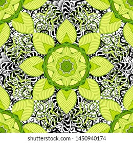 Graphics detailed, with lots of objects white, yellow and green colors. Cartoon trace doodles New Year season seamless pattern. Endless Vector illustration.