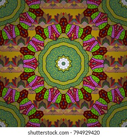 Graphics detailed, with lots of objects yellow, green and red colors. Endless Vector illustration. Cartoon trace doodles New Year season seamless pattern.