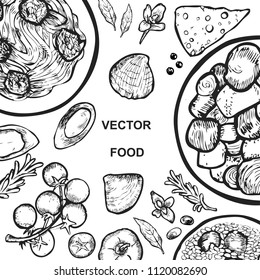 graphics dish on white background. Pilaf and spaghetti. 