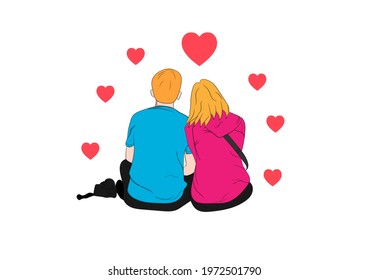 graphics drawing couple boy and girl sit and heart around on white background concept romantic couple valentineday
