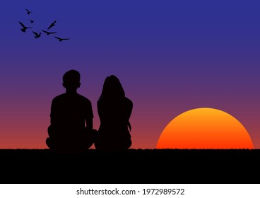 graphics drawing couple boy and girl sit with sunset or sunrise background and light orange and blue of sky vector illustration concept romantic 