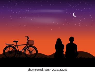 graphics drawing couple sit and view nature landscape silhouette after sunset for wallpaper background vector illustration 