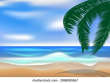 graphics drawing landscape view ocean and blue sky with coconut leaf vector illustration