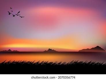 graphics drawing landscape view outdoor nature and twilight silhouette with grass on the ground for wallpaper background vector illustration 