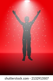 graphics drawing silhouette the man standing with spotlights red background Vector illustration
