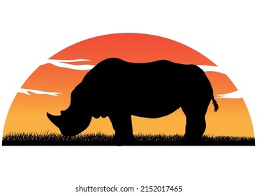 graphics drawing Silhouette of a rhino with sunset background vector illustration isolated white background