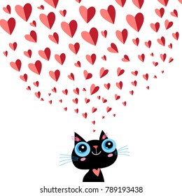 Graphics enamored little kitten on a white background with hearts