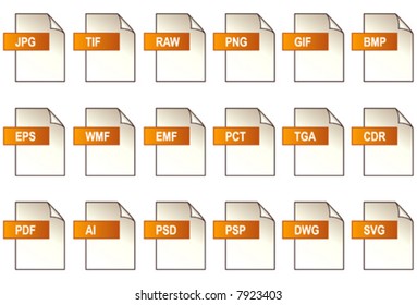 GRAPHICS FILE FORMAT ICONS. 18 icons of popular computer graphics media file extensions. EPS8 compatible.