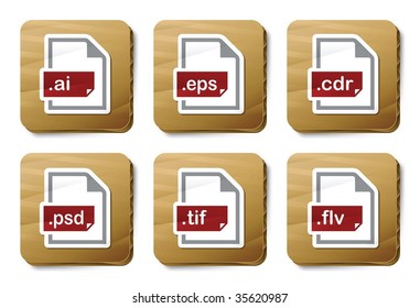 Graphics files icons. Vector icon set. Three color icons on cardboard tags.