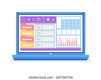 Graphics and folders, laptop with open website vector. Charts and schemes, business software and data, computer and working tools, isolated object