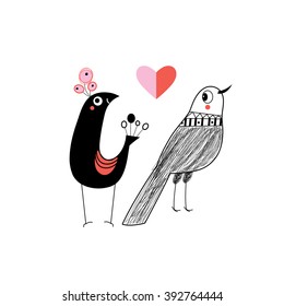 Graphics funny birds in love on a white background
