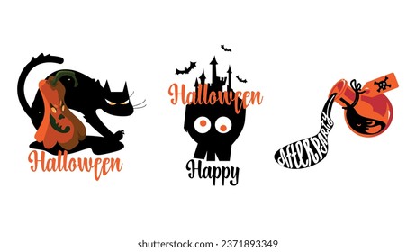 Graphics for Halloween. Cat and pumpkin, castle, skull, bottle, poison. Funny and Spooky.