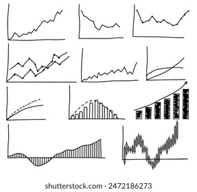 Los gráficos están dibujados a mano en negro sobre un fondo blanco. Ilustración vectorial