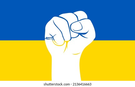 Gráficos de un puño humano en el fondo de la bandera de Ucrania. La fuerza del pueblo ucraniano. Guerra entre Rusia y Ucrania. Solidaridad con Ucrania