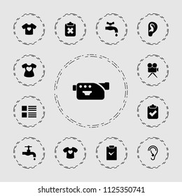 Graphics icon. collection of 13 graphics filled icons such as tap, menu, t-shirt with heart, camera, ear, clipboard with tick. editable graphics icons for web and mobile.