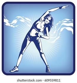 Graphics icon of girl exercising on a light blue background