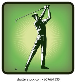 Graphics icon of golf player on green background.