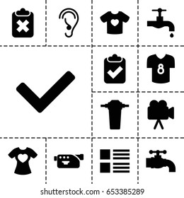 Graphics icon. set of 13 filled graphicsicons such as tap, t-shirt with heart, camera, ear, football t shirt, tick, menu, clipboard with tick