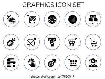 graphics icon set. 15 filled graphics icons. Included Pineapple, Shopping cart, Bow, Shy, Demonstration, Bars graphics, Waiting room, Faucet, Tap, Mentalist icons