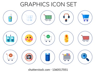 graphics icon set. 15 flat graphics icons.  Simple modern icons about  - walkie talkie, walkie talkies, shopping cart, shy, cart, audio guide, sleeping bag, no photo, virus search