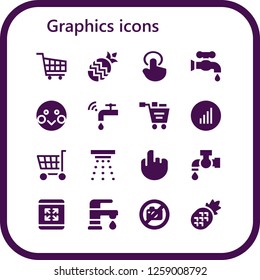  graphics icon set. 16 filled graphics icons. Simple modern icons about  - Shopping cart, Pineapple, Tap, Faucet, Shy, Bars graphics, Smoke detector, Maximize, No photo