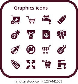  graphics icon set. 16 filled graphics icons. Simple modern icons about  - Shopping cart, Faucet, Bullet, Pineapple, Demonstration, Printing test, Bow, No photo, Maximize