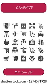  graphics icon set. 25 filled graphics icons. Simple modern icons about  - Tap, Faucet, Maximize, Shopping cart, Smoke detector, Bow, Mentalist, Picture frames, Bullets, Waiting room