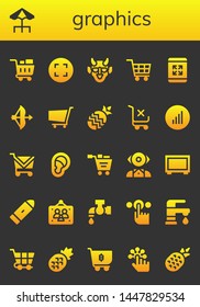 graphics icon set. 26 filled graphics icons.  Collection Of - Shopping cart, Terrace, Maximize, Hannya, Bow, Pineapple, Bars graphics, Ear, Mentalist, Big screen, Bullet, Picture frames