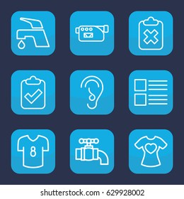 Graphics icon. set of 9 outline graphics icons such as tap, t-shirt with heart, camera, ear, football t shirt, menu, clipboard with tick