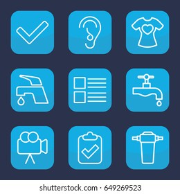 Graphics icon. set of 9 outline graphics icons such as tap, t-shirt with heart, camera, ear, tick, menu
