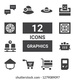 graphics icon set. Collection of 12 filled graphics icons included Gameboy, Shopping cart, Kasa, Waiting room, Cooler, Pamela, Complaint, Dialogue
