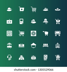 graphics icon set. Collection of 25 filled graphics icons included Shopping cart, Densitometer, Cave, Audio guide, Cart, Waiting room, Kasa, Pool, Big screen, Cooler, Tatami, Pamela