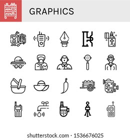 graphics icon set. Collection of Cart, Luggage, Walkie talkie, Pen tool, Water tap, Lighter, Pamela hat, Dentist, Defendant, Portafilter, Moses basket, Pamela, Hot pepper icons