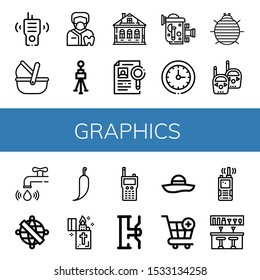 graphics icon set. Collection of Walkie talkie, Moses basket, Dentist, Tripod, Izba, Dossier, Old video camera, Circular clock, Woodlouse, Water tap, Armillary sphere, Hot pepper icons