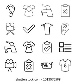 Graphics icons. set of 16 editable outline graphics icons such as tap, menu, clipboard with tick, clipboard with cross, t-shirt with heart, camera, ear, football t shirt