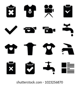 Graphics icons. set of 16 editable filled graphics icons such as tap, clipboard with tick, clipboard with cross, t-shirt with heart, camera, football t shirt, tick