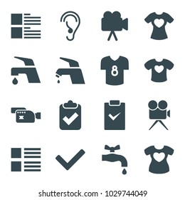 Graphics icons. set of 16 editable filled graphics icons such as tap, menu, clipboard with tick, t-shirt with heart, camera, ear, football t shirt