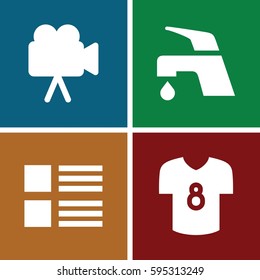 graphics icons set. Set of 4 graphics filled icons such as tap, camera, football t shirt