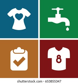 Graphics icons set. set of 4 graphics filled icons such as tap, t-shirt with heart, football t shirt