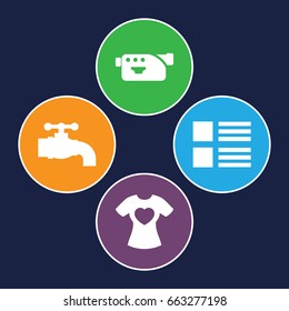 Graphics icons set. set of 4 graphics filled icons such as t-shirt with heart, camera, tap