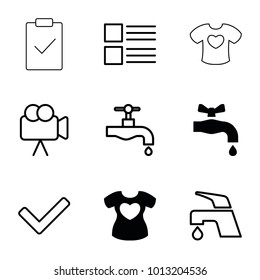 Graphics icons. set of 9 editable filled and outline graphics icons such as tap, menu, camera, tick, clipboard with tick