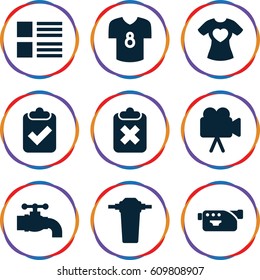 Graphics icons set. set of 9 graphics filled icons such as t-shirt with heart, camera, tap, football t shirt, menu, clipboard with tick