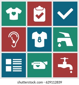Graphics icons set. set of 9 graphics filled icons such as tap, t-shirt with heart, camera, ear, football t shirt, tick, menu