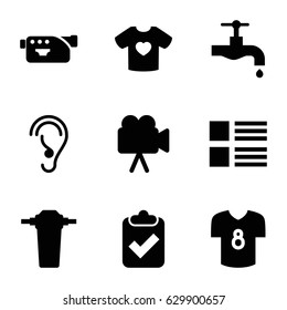 Graphics icons set. set of 9 graphics filled icons such as tap, t-shirt with heart, camera, ear, football t shirt, menu