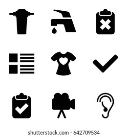 Graphics icons set. set of 9 graphics filled icons such as tap, t-shirt with heart, camera, ear, tick, menu, clipboard with tick
