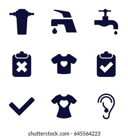 Graphics icons set. set of 9 graphics filled icons such as tap, t-shirt with heart, ear, tick, clipboard with tick
