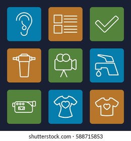 graphics icons set. Set of 9 graphics outline icons such as tap, t-shirt with heart, camera, ear, tick